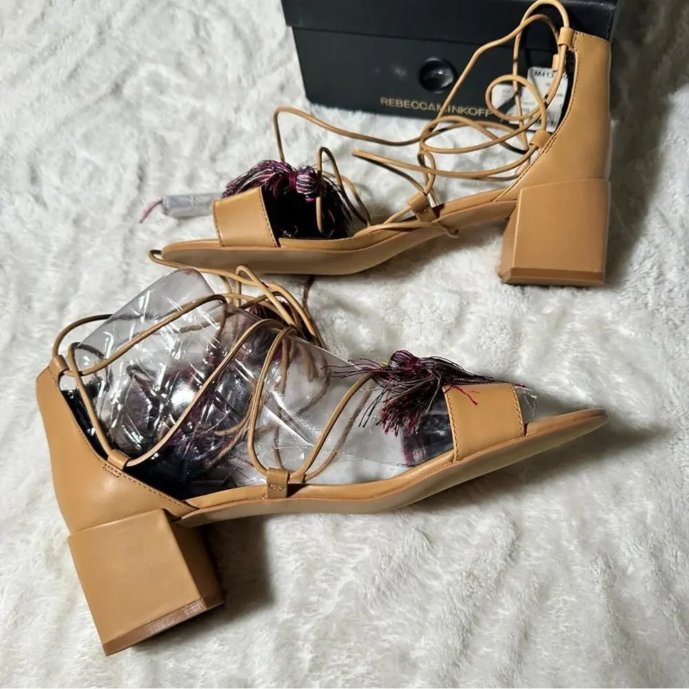 Rebecca Minkoff Tan Sandals Size 9 Neutral Resort Strappy Tassel Laced Coastal - Picture 7 of 9
